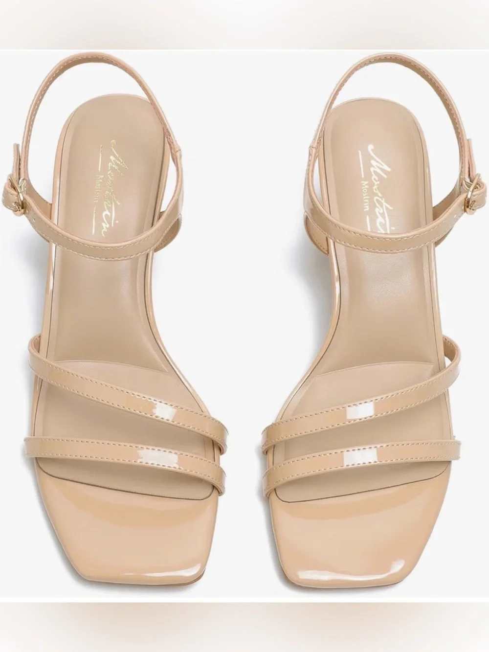 S05 Patent Nude Strappy Block Heel Square Sandals with Ankle Buckle Size 10 NEW